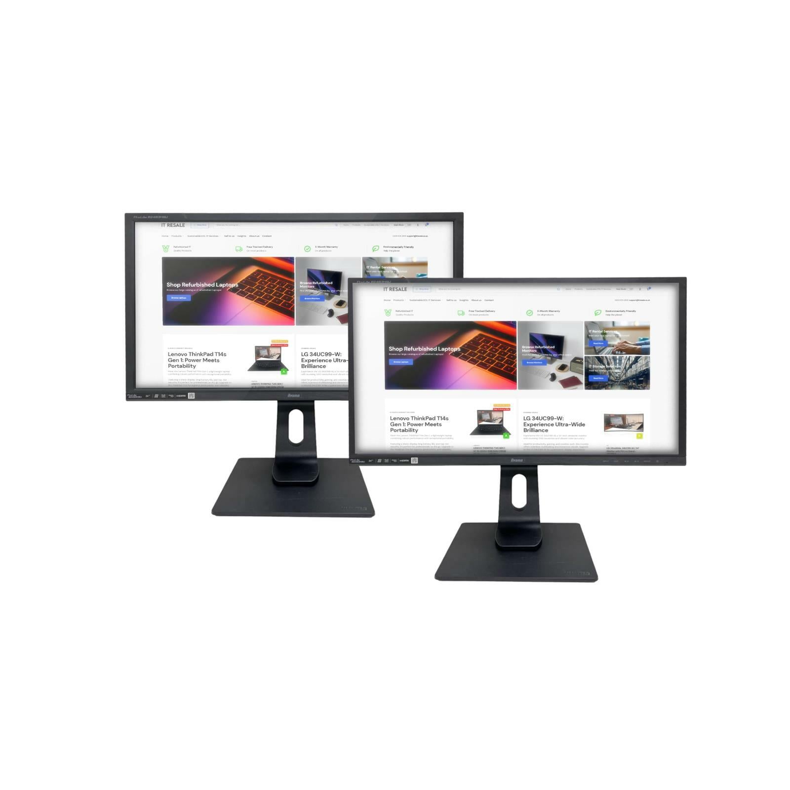 2 x IIYAMA PROLITE B2483HSU - B5 24" FHD LED (1080p) Monitor w/ Stand - GRADE A - IT Resale